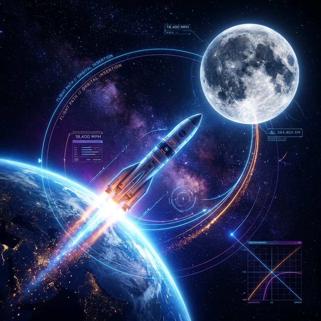 Spacecraft traveling from Earth orbit to the Moon backdrop